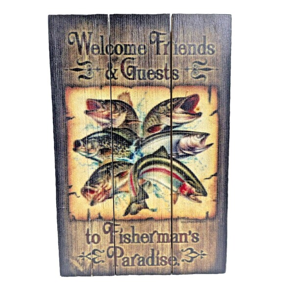 Rivers Edge Fisherman Paradise Wood Wall Hanging Plaque 8 x 12-inch Rustic Brown - Picture 1 of 5